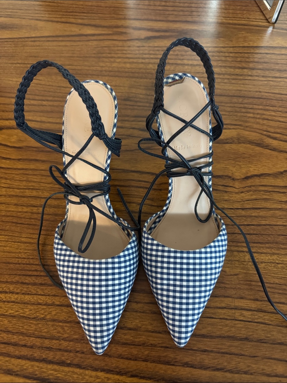 J. Crew Blue Gingham Pointed Toe Lace-Up Heels